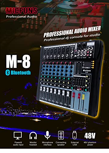 Dj Console Mixer Micfuns 8 Channel With Sound Board Usb Bluetooth Audio Interface 48V Phantom Power Mixer Use For Dj Studio Pc Recording Singing Webcast Party #TOP5
