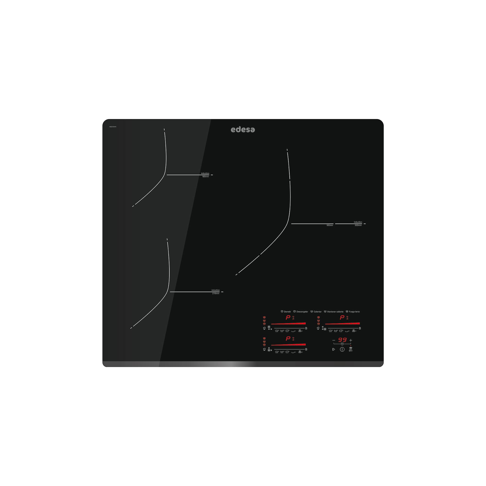 Edesa Schwarz Eims-6330 B Induktionskochfeld Mit Frontschräge, 3 Kochspots, Bedienfeld Multislider Touch, 9 Stufen + Booster, Timer, Maximale Leistung 7,1 W, Es Finish.