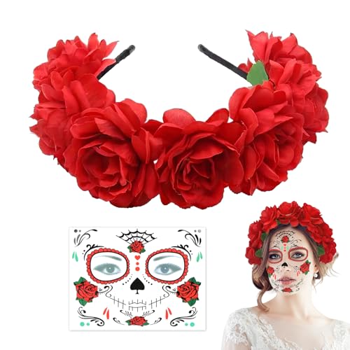 Diadema Flores Mexicana, Diadema Día de los Muertos, 2 piezas Rojo Diadema Halloween Mujer con Tatuaje de cara, Diadema Flores para Halloween, Día de los Muertos, Carnavales