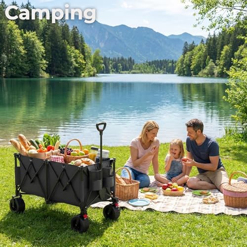 TRIUMPHKEY Bollerwagen Faltbar 260L 150KG Belastbar, Faltbarer Bollerwagen Geländetauglich mit Bremsen und Extra Breite Reifen All Terrain Bollerwagen, Grau