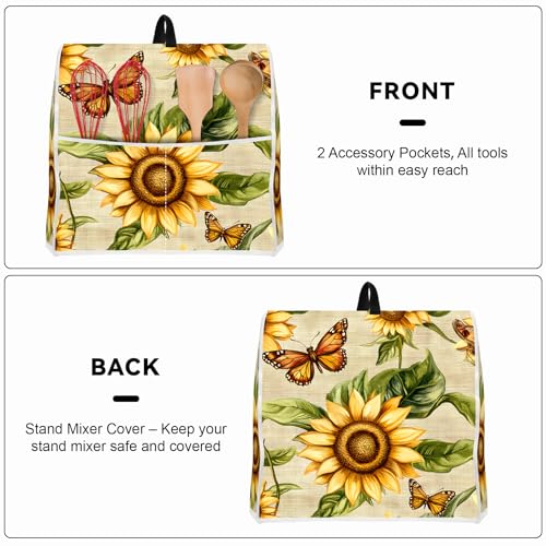 Image of Kitchen Dust Cover Compatible with 4.5 5 6 8 quart Stand Mixer, Kitchen Appliance Protective Covers with Top Handle and Pocket (Sunflower Butterfly, For All 6-8 qt Mixer)
