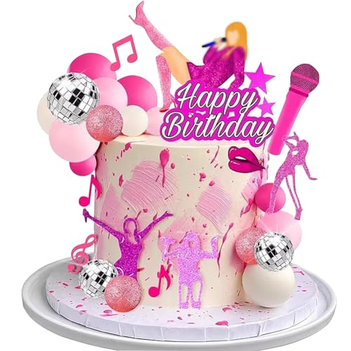 NIEEKRUN 26PCS Pink Music-Themed Singer Birthday Cake Decoration Set with Superstar Toppers Guitars Records & Disco Balls for DIY Cakes & Cupcakes