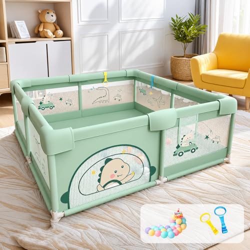 Image of Playpen for Baby up to 5 Years Playards with Pit Balls and Anti-Fall Grasp Rings, Kids Activity Center with Safety Lock (No Mat, Non-Foldable) (150 * 180cm-green)
