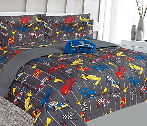 6 Piece Twin Girl Boy Teenager Toodler Comforter Bedding Bed in a Bag Complete Set Printed Comforter Sheets Pillowsham and Decorative Pillow (Race Cars Charcoal)