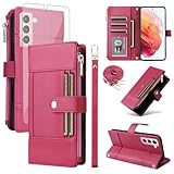 Asuwish Phone Case for Samsung Galaxy S21 5G 6.2 inch Wallet Cell Cover with Tempered Glass Screen Protector RFID Blocking Crossbody Lanyard Strap Flip Credit Card Holder S 21 21S G5 Women Men Red