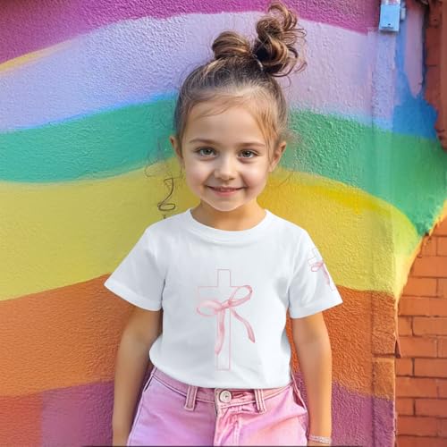Image of Girls Cute Christian Shirts Kids Pink Bow Shirt Jesus God Faith Tshirts Aesthetic Cross Bible Verse Graphic Tee Tops