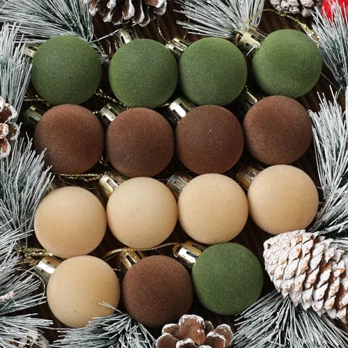 Liliful 15 Pcs Velvet Christmas Balls Bulk Flocked Christmas Tree Ball Ornaments Plastic Balls Xmas Decorative Hanging Ornaments Christmas Tree Decoration (Brown, Green, Beige,1.57 Inch)