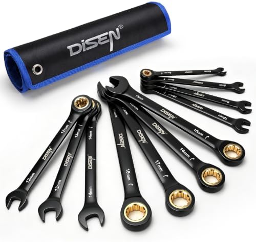 DISEN 11-teiliges Ratschenschlüssel-Set 6-18 mm, Ringmaulschlüssel-Set | 72 Zähne, Cr-V-Stahl mit Aufbewahrungstasche zur Aufhängung, metrische Größen: 6,8,9,10,12,13,14,15,16,17,1