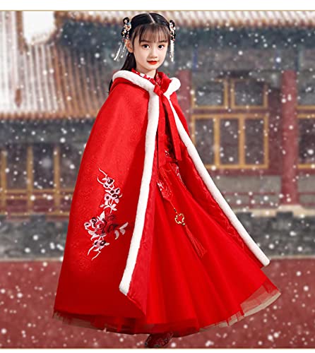 Red Embroidery Cape with Hood Chinese Style Winter Coat for Girl 4-16 Years2