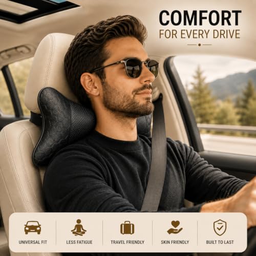 Image of Adroitz Car Neck Rest Pillow Set of 2 | Ergonomic Headrest Cushion for Car Seat | Neck & Cervical Support for Pain Relief | Breathable Washable Cover | Universal Fit for Driving & Travel