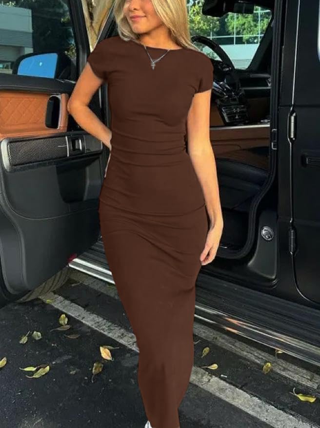 Image of AYWA Womens Sexy Backless Maxi Dress Casual Bodycon Boat Neck Short Sleeve Party Club Long Dresses