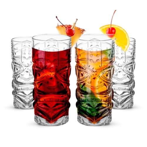 Clear Tiki Glasses, Set of 4 - 450 ML - Perfect for Exotic Cocktails, Lemonade, Ice Tea, Mixed Drinks- Exotic Zombie, Rum, Mai Tai, Pina Colada, Punch, Hurricane, Bar Drinkware