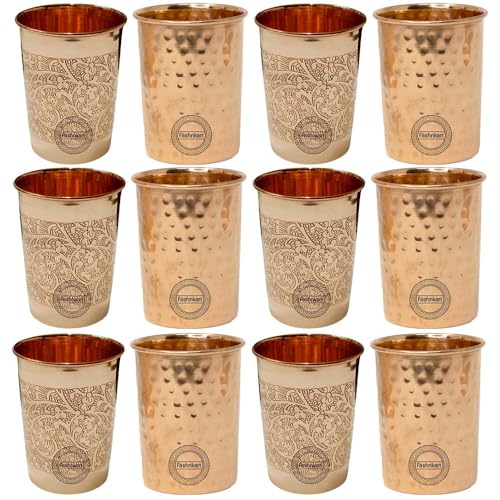 Fashnkart Wasserbecher aus reinem Kupfer, geprägt und gehämmert, für die ayurvedische Heilkunde, 12er-Set, 300 ml