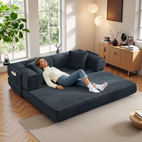 Image of Boneless Couch Futon Sofa Bed Sectional Couches for Living Room,Cloud Couch with Sleeper Sofa,Sofas for Living Room Oversized Corduroy Upholstered (Gray, 81 Inches (with Iron Frame))