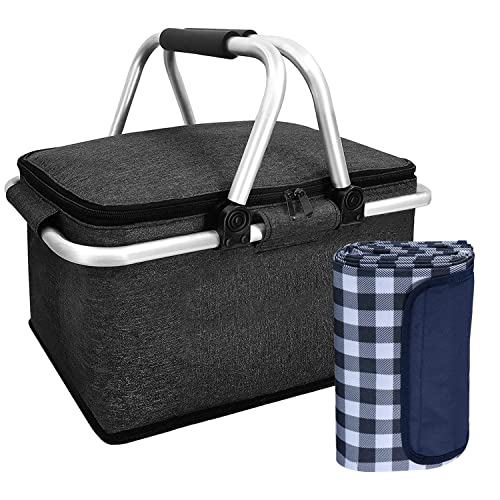 Aovojrm Insulated Picnic Basket And Blanket Set, Large Collapsible Cooler Bags With Aluminium Handles, Portable Grocery Basket Bag And Picnic Blanket For Camping Travel Outdoor Party #TOP19