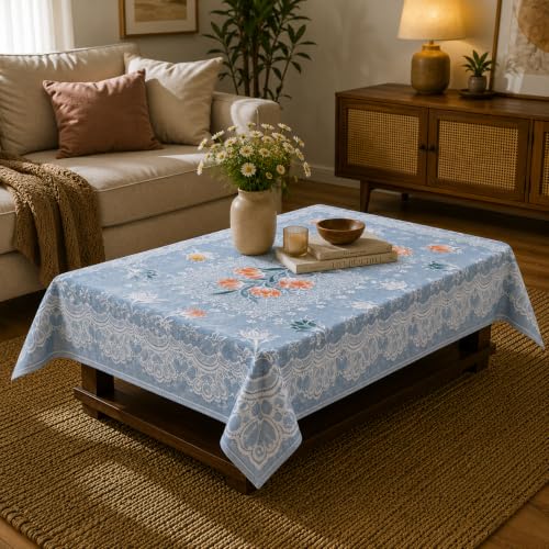 Image of STITCHNEST Florenza Blue Cotton Net Table Cover 40x60 Inches