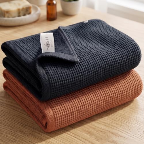 Image of Mush Bamboo Dual Texture Waffle Terry Bath Towel Set of 2 | 500 GSM Ultra Soft, Highly Absorbent, Quick Dry Towels | Large Towels for Bath, Gym, Spa | Charcoal Grey & Burnt Orange (70x140 cm)