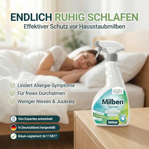 HomeBugProtect Milbenspray 500ml - Anti Milben Spray gegen Hausstaubmilben, Milbenspray für Matratzen als effektiver Schutz für Allergiker auch im Umfeld von Hunden und Katzen
