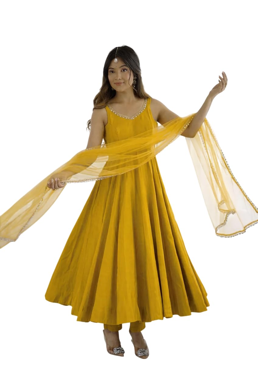jds lifestyle Women's Olive Green Anarkali Kurta Set with Organza Dupatta, Sleeveless Flared Ethnic Wear-picture-42