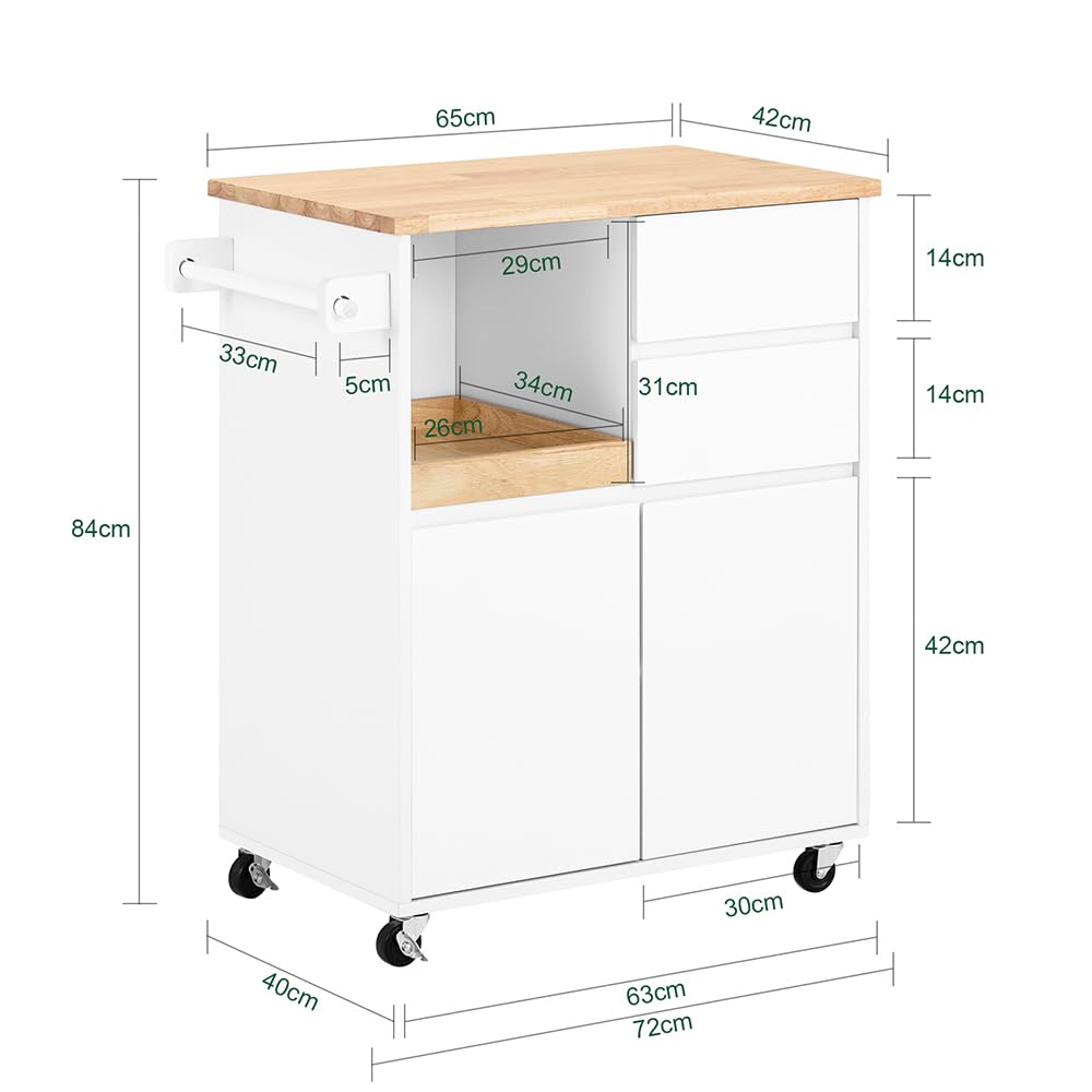 SoBuy FKW123-WN wózek kuchenny z blatem roboczym, wózek do serwowania na kółkach, do kuchni, salonu, jadalni, biały, szer. x wys. x gł.: ok. 72 x 84 x 40 cm