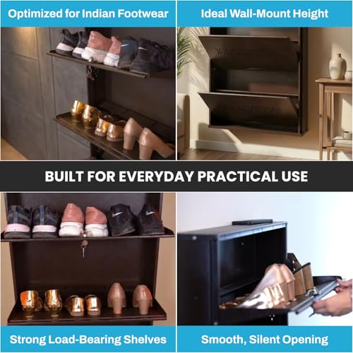 Image of Skywave Luxury Wall Mounted Metal Shoe Rack for Home - 3 Shelf, Holds Up to 25 Pairs | Central Locking Shoe Cabinet | Space Saving | Heavy Duty Steel | 3 Year Warranty (Coffee Brown, 26 Inches)