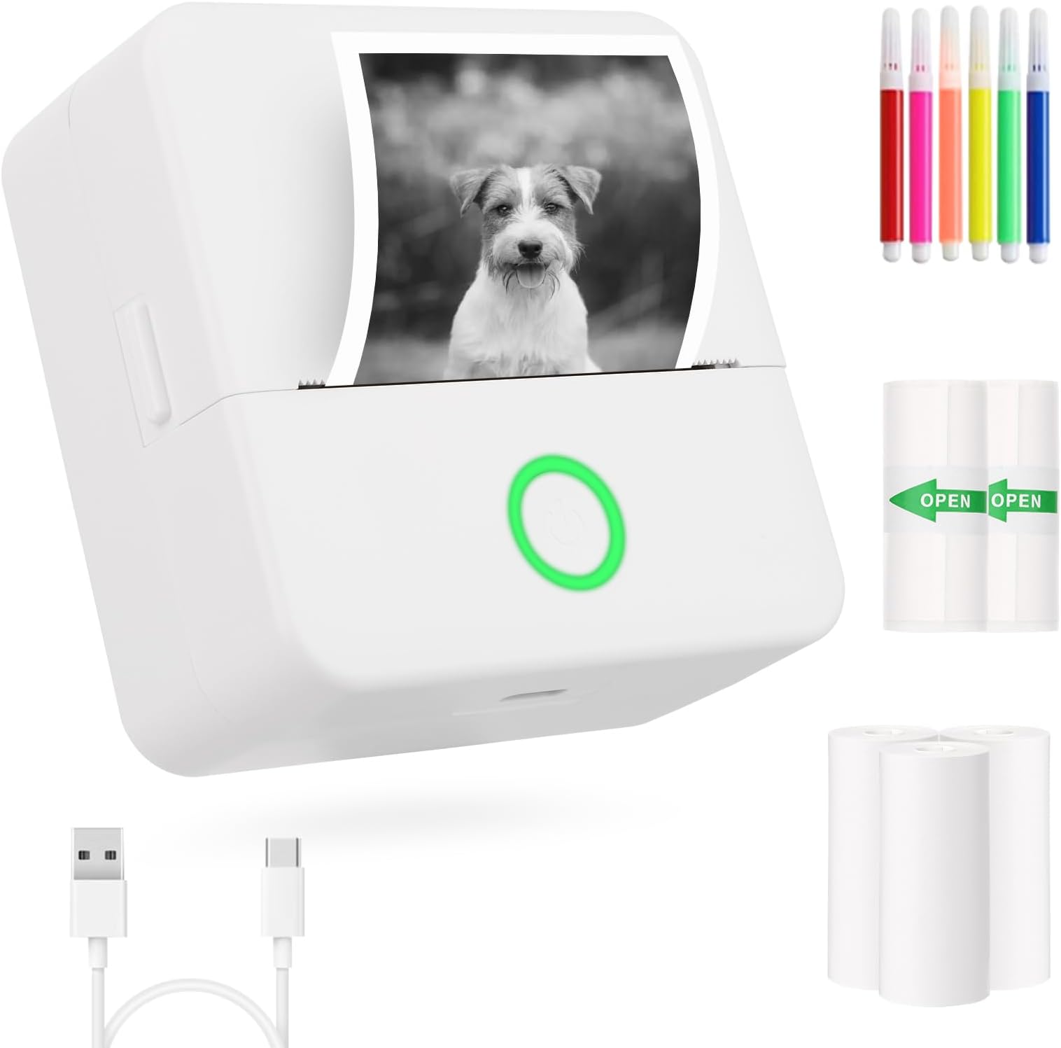 mafiti Mini Bluetooth Inkless Thermal Photo Printer Compatible with iOS Android with 6 Rolls Thermal Printer Paper+6 Colored Pens