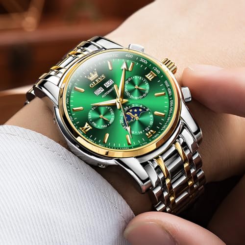 Image of OLEVS Analog Men Green Dial Gold Band Watches Automatic,Two Tone Stainless Steel Watch,Day Date Mechanical,Waterproof Swiss Wrist Watch ,OLEVS Self Winding Luminous Business Large Tourbillon Watch