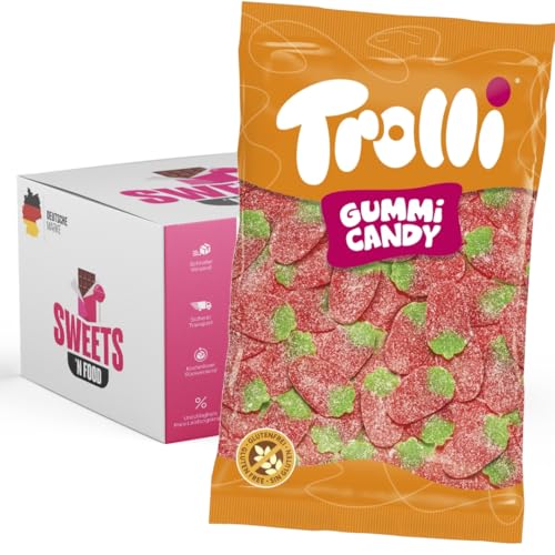 Trolli Süßigkeiten- 1 kg Beutel | Verschiedene Sorten zur Auswahl | Mit stylishem SWEETS´N FOOD Packband verpackt (Saure Erdbeeren)