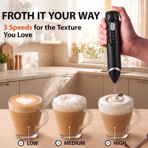 SOIOVO Handheld Milk Frother, Rechargeable 3-Speed Electric Whisk with 3 Detachable 304 Stainless Steel Heads, 6000/7000/8000 RPM, 1200mAh USB-C Coffee Mixer with Storage Stand, Matte Black - image 3