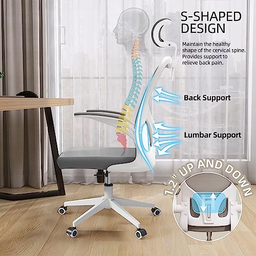 Image of Monhey Office Chairs, Ergonomic Office Chair, Computer Chair with Adjustable Headrest, Lumbar Support, 2D Armrest, Metal Base and Iron Legs, White Frame Grey Mesh Office Chair