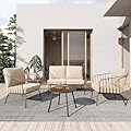 EAST OAK 4-Piece Plaza Patio Furniture Set, Outdoor Furniture with Thick Cushion Sofa and Coffee Table, Modern Patio Conversation Set for Garden, Backyard and Porch, Brown & Beige