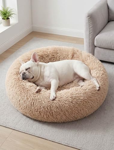 Dog Bed Medium Donut Washable - 20cm Extra Thick Padded Base Plush Calming Bed Round Cat Cushion Anti-Anxiety & Non-Slip Bottom - Soft Luxury Puppy Kennel Faux Fur Improved Sleep 60cm Diameter
