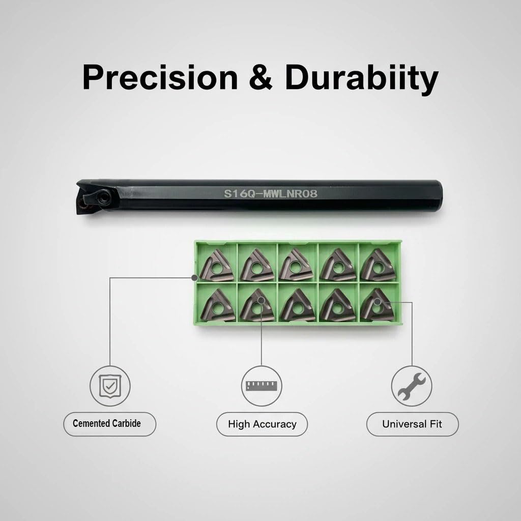 S16Q-MWLNR08 Lathe Turning Tool Holder, 16mm Square Shank Boring Bar with 10PCS WNMG080408 Carbide Inserts for CNC Machining Alloy Steel Stainless Steel