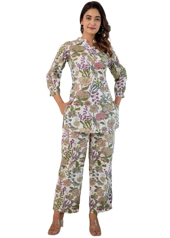 Smowkly Women's Printed Rayon Slub Mid Thighs Short Kurti With Relaxed Fit Pant Sylish Co-Ords Set || Trendy 3/4 Sleeve Kurta & Palazzo Cord Pair (Multicolor-Medium)
