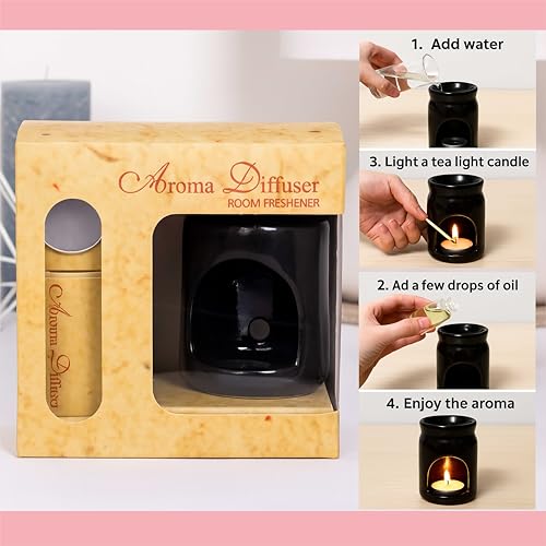 Image of Pure Source India Ceramic Aroma Diffuser Oil Burner - Tealight Candle Wax Melt & Essential Oil Warmer with Gift Box (Black)