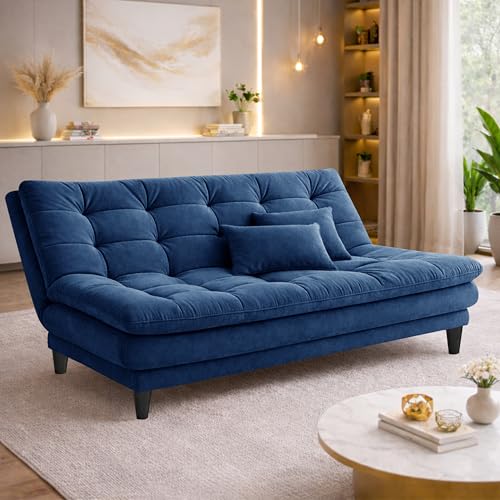 Image of Modern 3 Seater Sofa Cum Bed | Tufted Backrest | Velevt Fabric Upholstery | Living Room Furniture-Blue