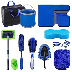 Bemece 14PCS Car Cleaning Kit – 9L Collapsible Bucket, Tire Brush & Hub Brush | Windshield Wiper | Microfibre Wash Mitt Towel Sponge | Vent Duster for Dust Remove for Car Motorcycle Trucks Cleaning