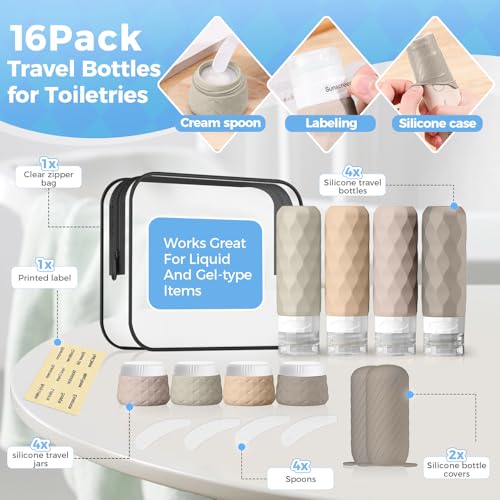 16Pack Travel Bottles for Toiletries, TSA Approved Travel Size Toiletries Containers Set, Silicone Leak Proof Refillable Bottles Elastic Sleeves Creams Jars Accessories Kit W/Clear Bag - Image 4