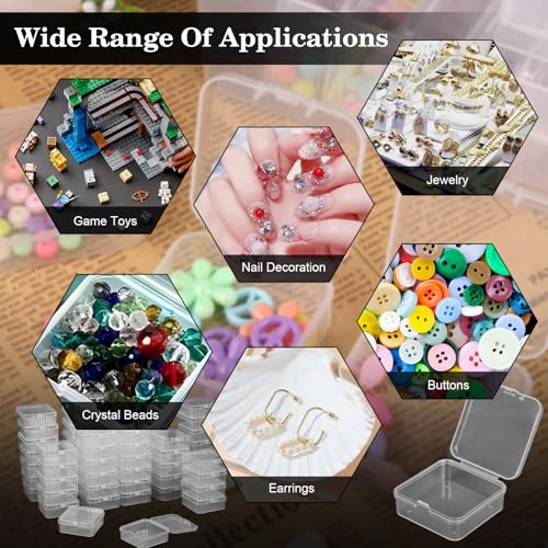 Image of AQQHSAIN 100 Pieces Transparent Boxes with Hinged Lid Clear Plastic Beads Storage Containers Box Mini Square Arts Crafts Storage Boxes Organizers for Earplugs,Pins, Jewelry,Small Items