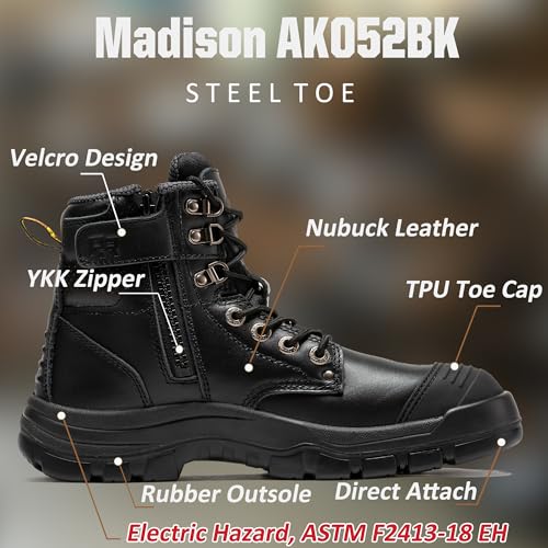 ROCKROOSTER Madison 6" Steel Toe Work Boots for Men with YKK Side Zipper Toe Cap Non-Slip Rubber Outsole, Comfortable Side Zip Lightweight Breathable Leather Shoes, Metal, ASTM F2413-18 M/I/C EH AK0522