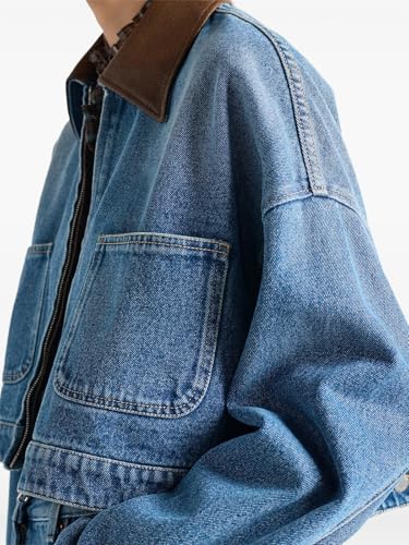 Women Cropped Denim Jacket Zip-up Faux Leather Lapel Washed Casual Fall Jean Coats4