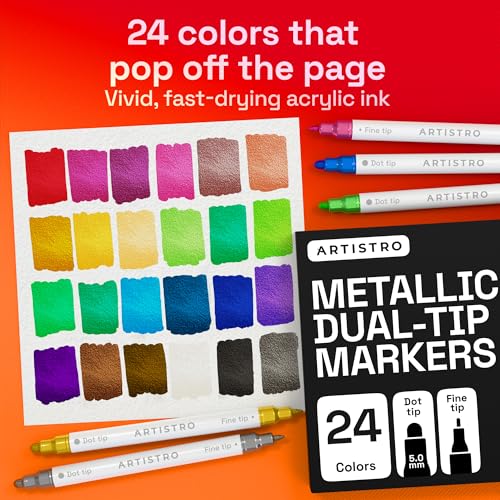 Image of Artistro 24 Metallic Acrylic Pens for Stone, Fabric, Wood, Glass, Crafts, Decoration - Dual Tip (Dot & Fine) Acrylic Markers - Scrapbooking & Art Supplies