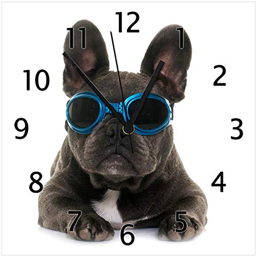 Wallario Design-Wanduhr Cooler Hund mit Sonnenbrille in blau - Französische Bulldogge aus Glas, Motiv-Uhr Größe 30 x 30 cm, Schwarze Zeiger