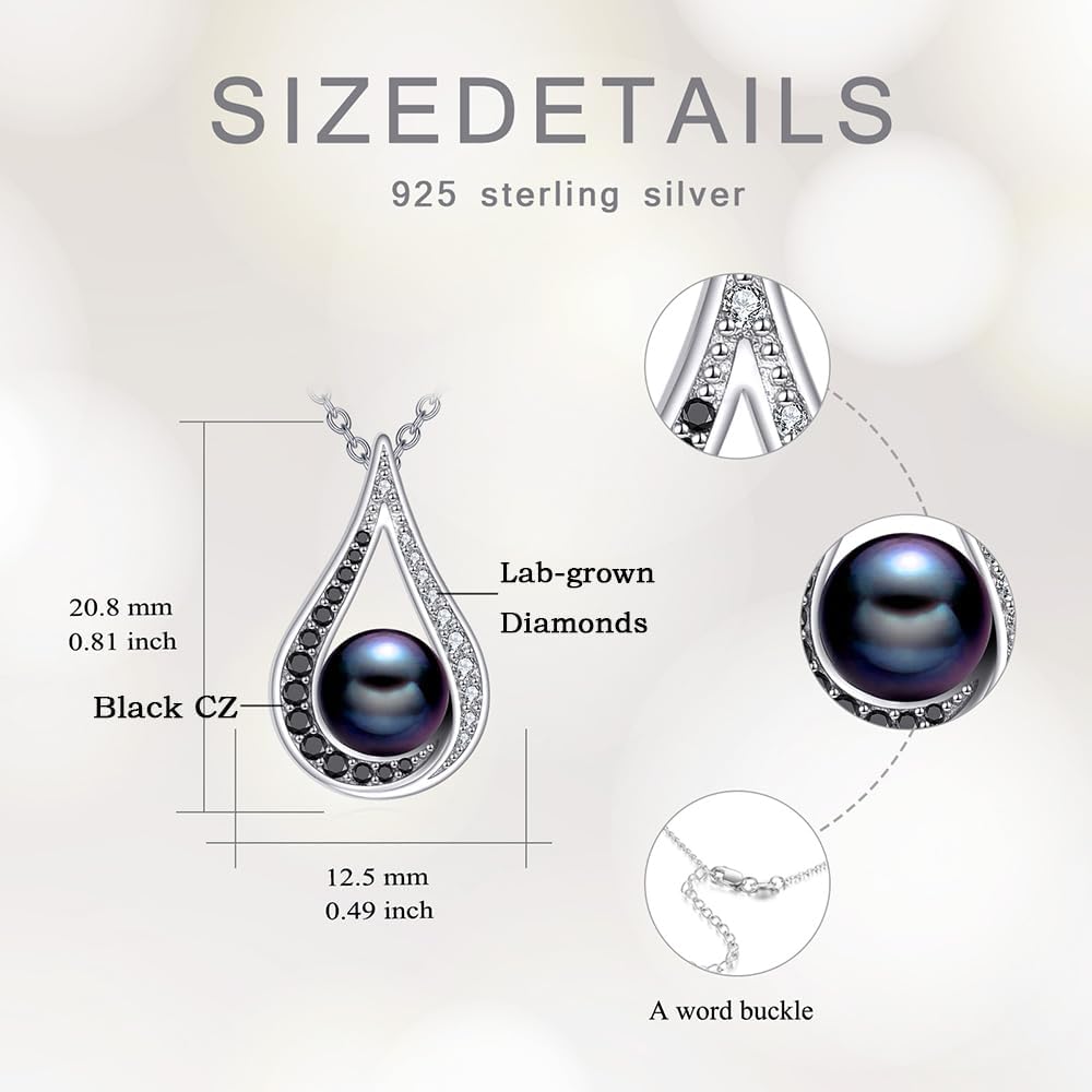 Diamond Freshwater Black Pearl Necklace for Women, 925 Sterling Silver 7MM Pearl Teardrop Pendant Necklaces with Lab Grown Diamond Luxury Jewelry Gifts for Her, 18+2 Inches - Image 6