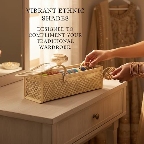 Image of Single Rod Bangle Box for Women | Removable Hardboard Chudi Organizer with Transparent Lid | Jewellery & Watch Storage Case for Home, Wedding & Travel | Beige