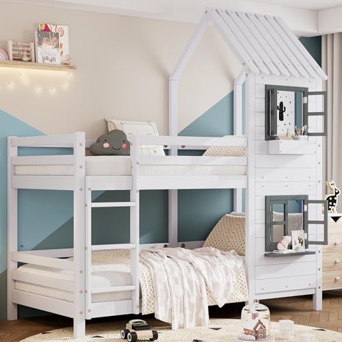 Dolamaní Hochbett 90x200cm mit Handlauf und Fenster, Hausbett mit Treppe,...