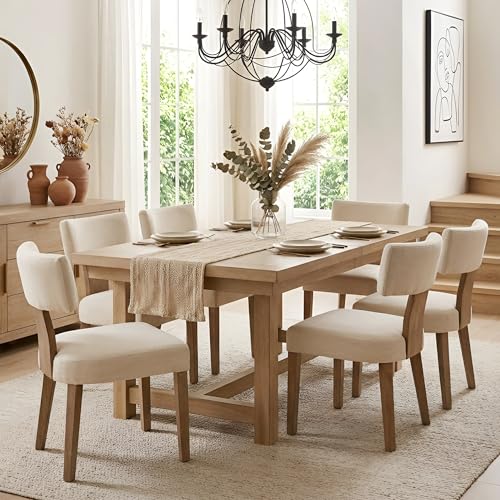 HNY Mid Century Modern Dining Chairs Set of 6, Farmhouse Linen Fabric Upholstered Accent Curved Backrest Kitchen Chairs, with Hardwood Frame, Beige, Linen