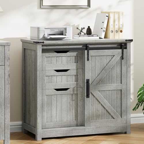 Vabches Lateral File Cabinets with Adjustable Shelf, Farmhouse Filing Cabinet for Home Office, Filing Organization Storage Cabinets with Sliding Barn Door for Hanging Files Letter/A4.
