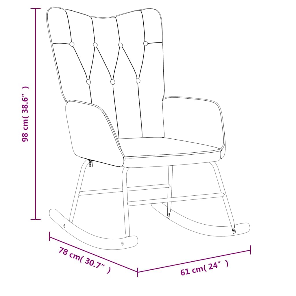 Silla mecedora con tapicería de tela y espuma, marco de acero, patines de madera y 7 botones acolchados para una comodidad moderna