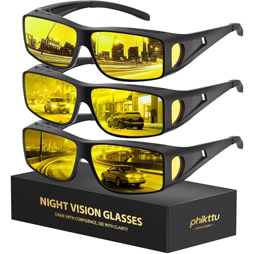 phikttu Night Driving Glasses - HD Anti Glare Wrap Around Fit Over Glasses for Men & Women Enhance Night Vision & Driving
